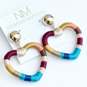 Neiman Marcus Multicolor Thread Wrapped Heart Hoop Drop Earrings Boho Statement